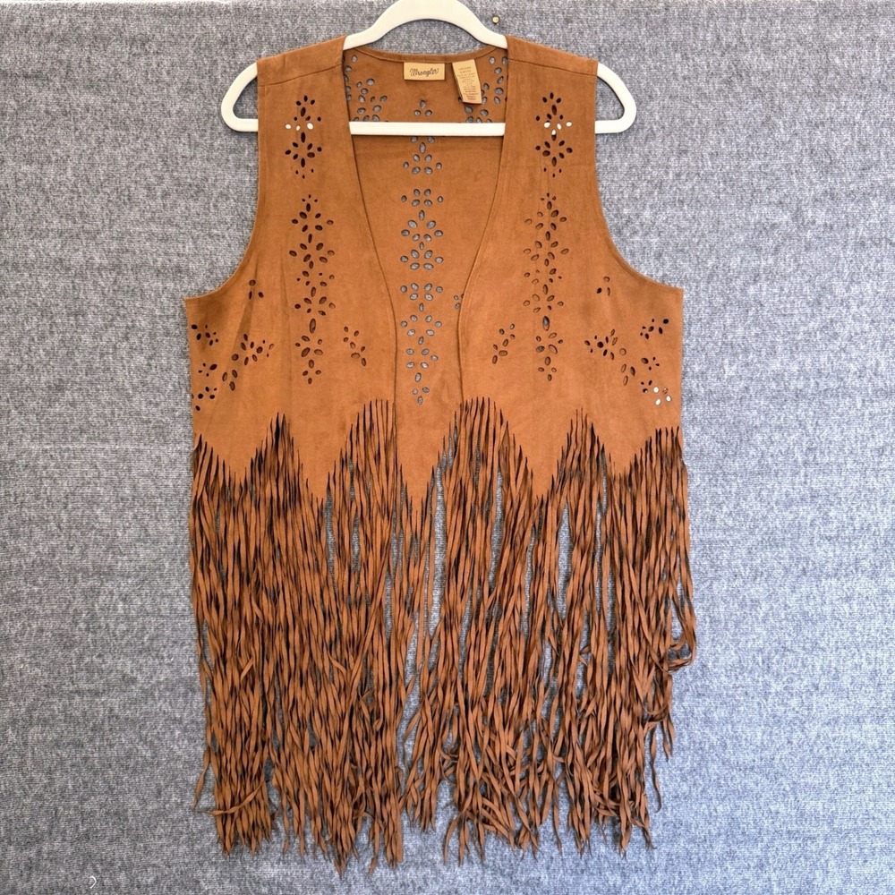 Wrangler Womens Large Brown Faux Suede Fringe Vest Laser Cut Western LWK308M